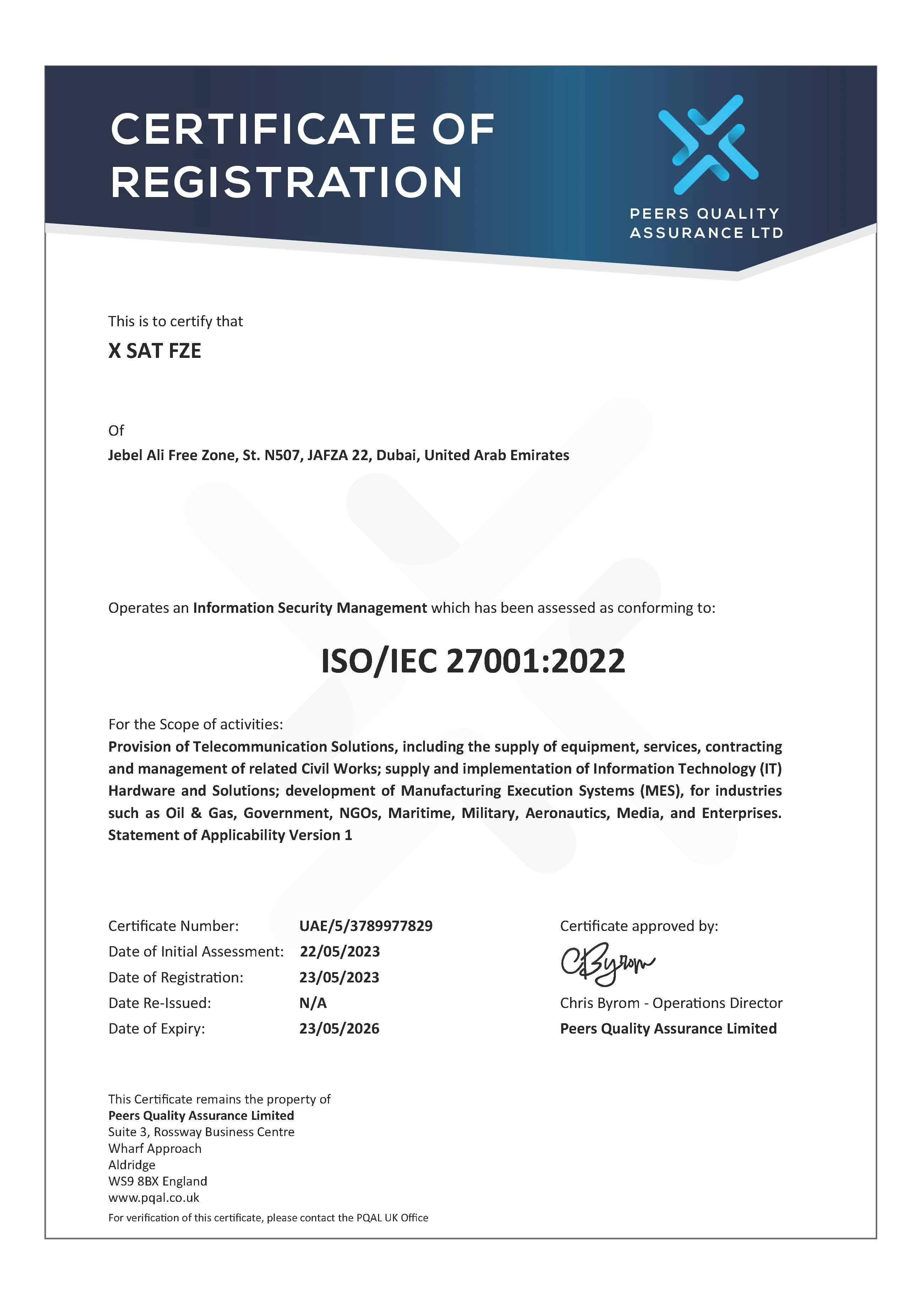 ISO/IEC 27001:2022 certificate for XSAT FZE
