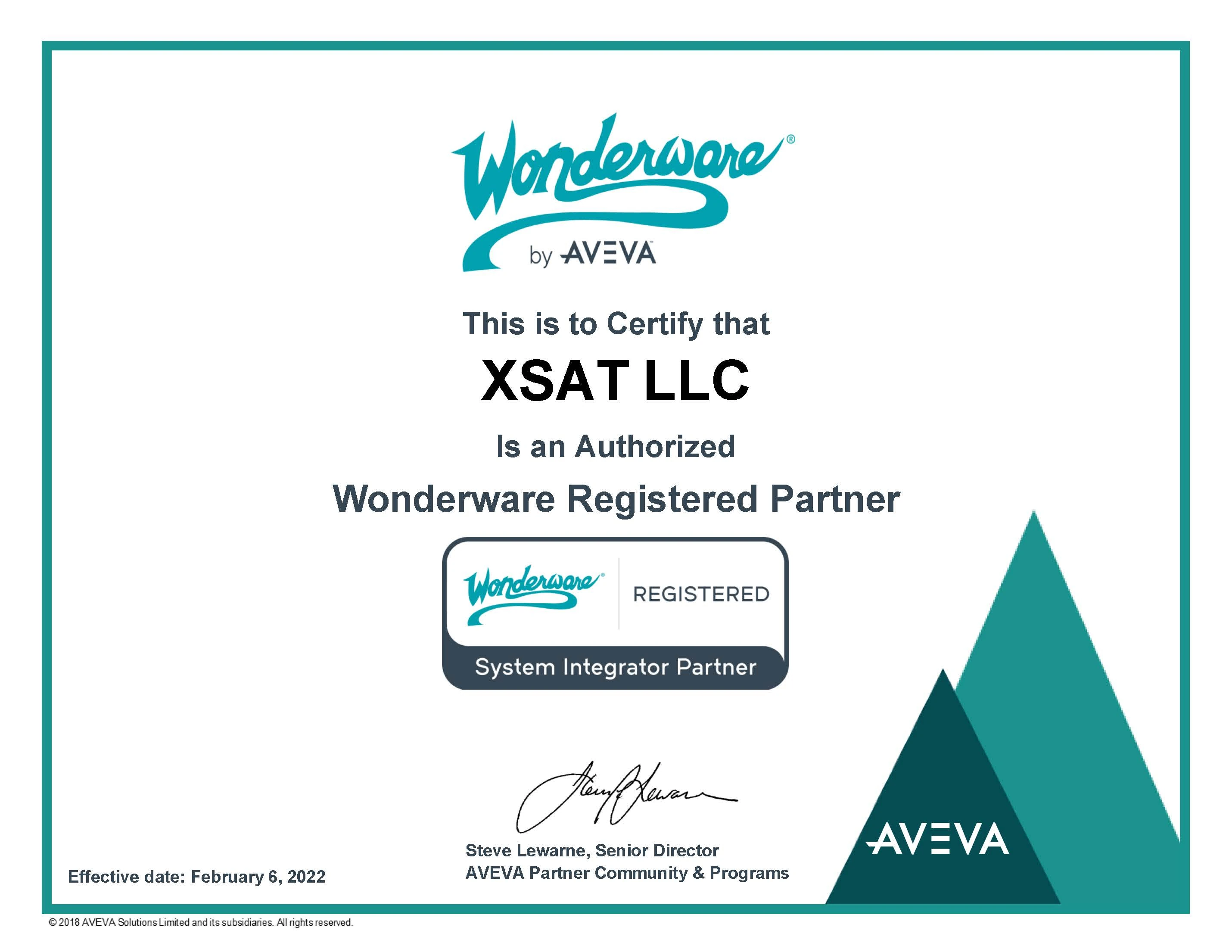 Wonderware by AVEVA registered system integrator partner certificate for XSAT LLC